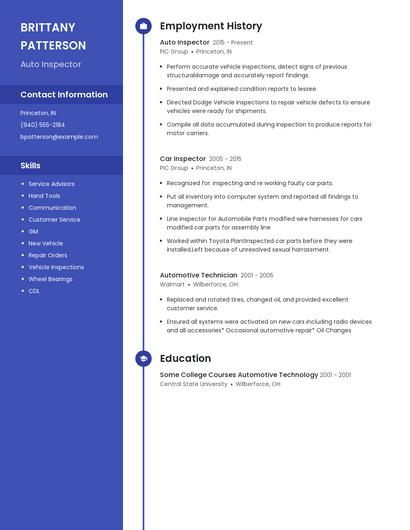 Auto Inspector Resume