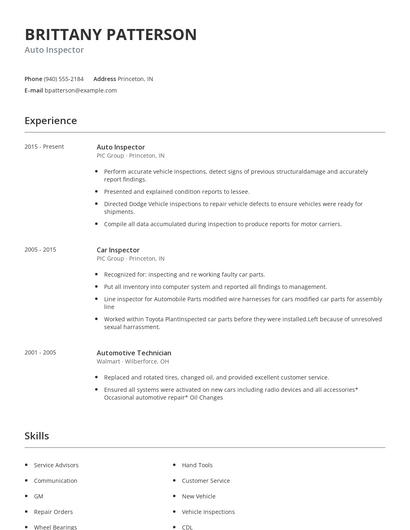 Auto Inspector Resume