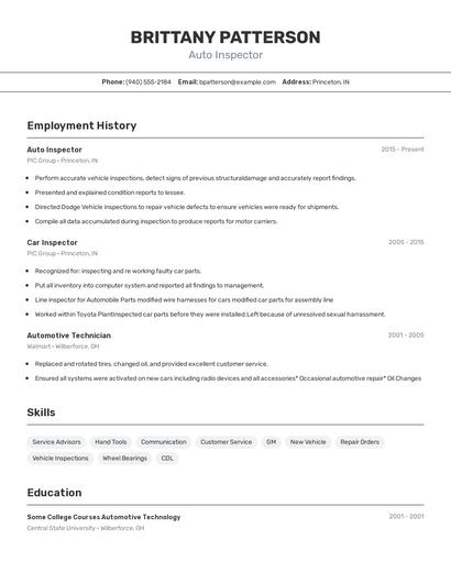 Auto Inspector Resume