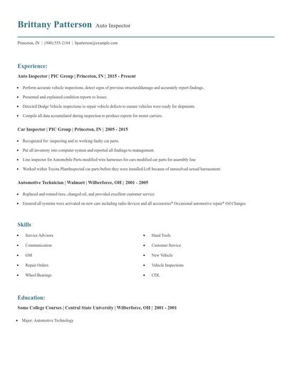 Auto Inspector Resume