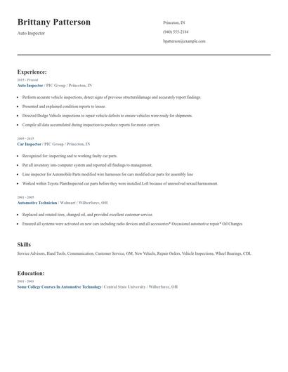 Auto Inspector Resume