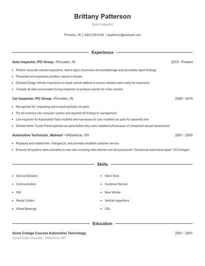 Auto Inspector Resume