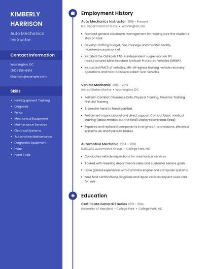 Auto Mechanics Instructor Resume