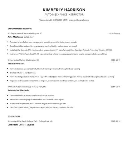 Auto Mechanics Instructor Resume
