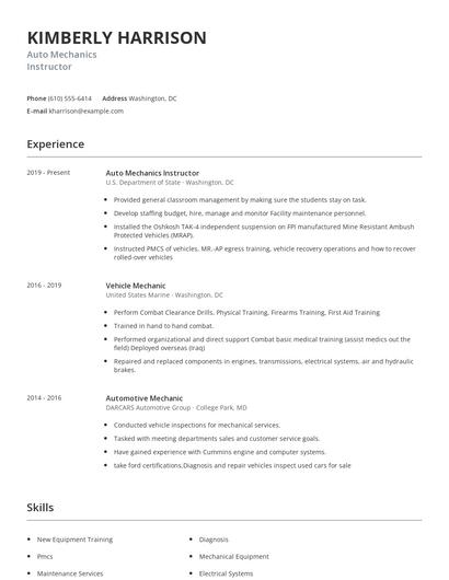 Auto Mechanics Instructor Resume