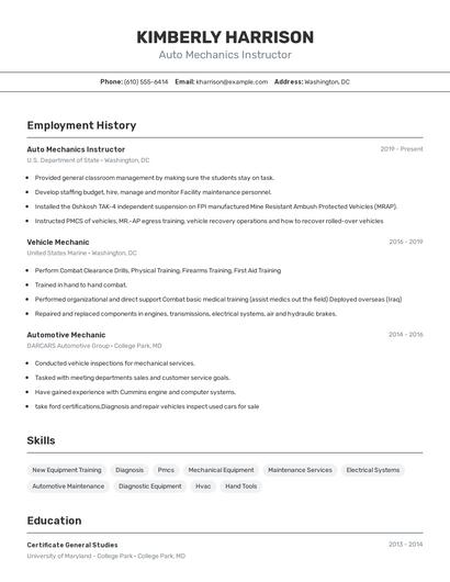 Auto Mechanics Instructor Resume