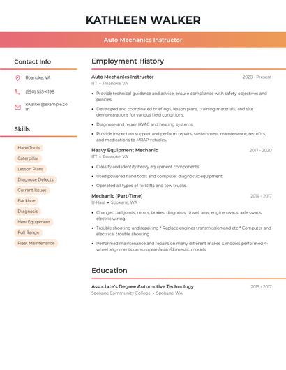 Auto Mechanics Instructor Resume