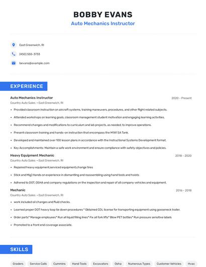Auto Mechanics Instructor Resume
