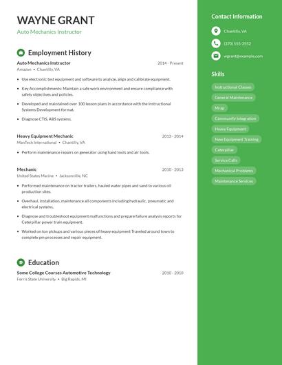 Auto Mechanics Instructor Resume