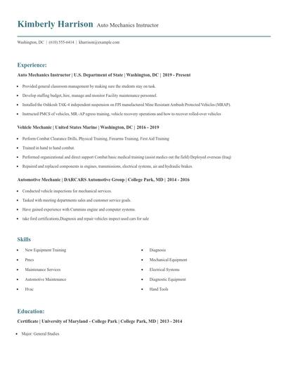 Auto Mechanics Instructor Resume
