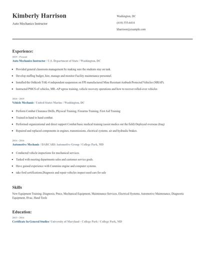 Auto Mechanics Instructor Resume