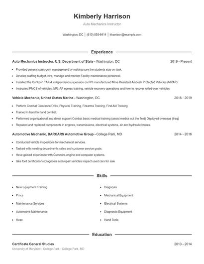 Auto Mechanics Instructor Resume