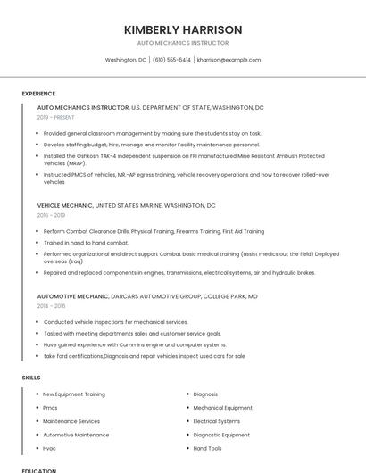 Auto Mechanics Instructor Resume