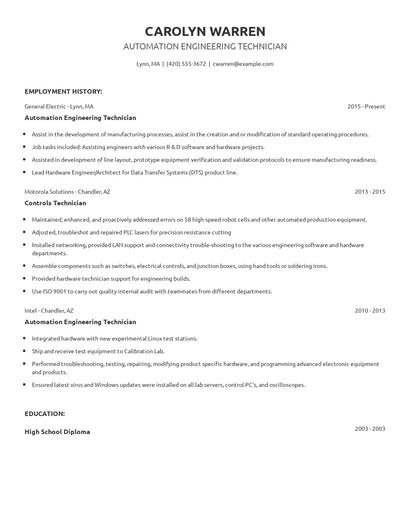 Automation Engineering Technician Resume