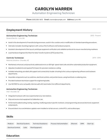 Automation Engineering Technician Resume