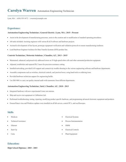 Automation Engineering Technician Resume