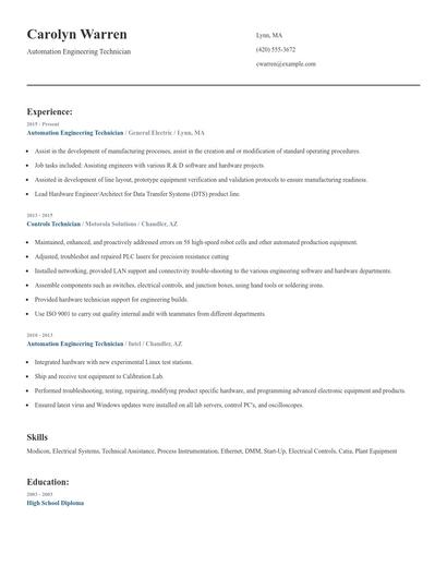 Automation Engineering Technician Resume