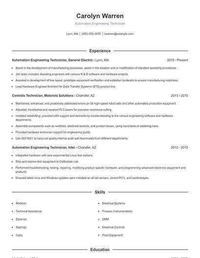 Automation Engineering Technician Resume