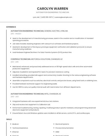 Automation Engineering Technician Resume