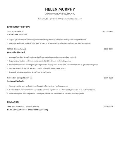 Automation Mechanic Resume