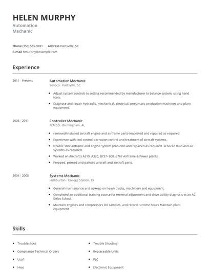 Automation Mechanic Resume