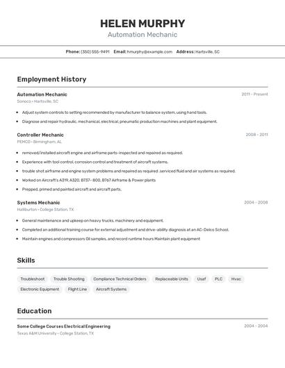 Automation Mechanic Resume