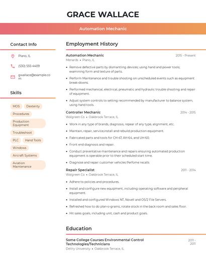 Automation Mechanic Resume