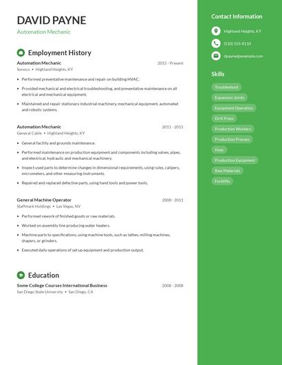 Automation Mechanic Resume