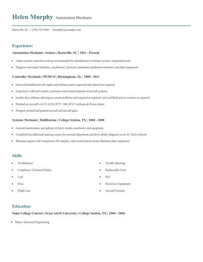 Automation Mechanic Resume