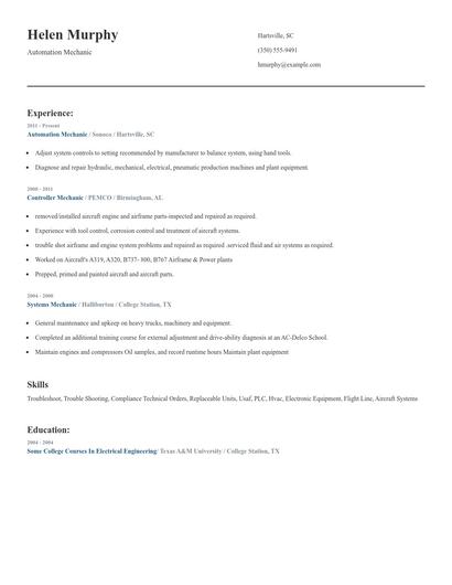 Automation Mechanic Resume