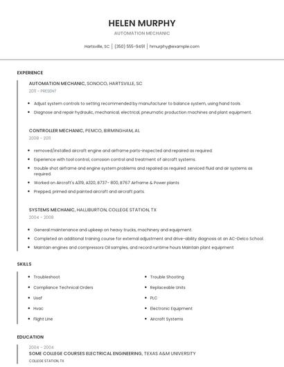 Automation Mechanic Resume