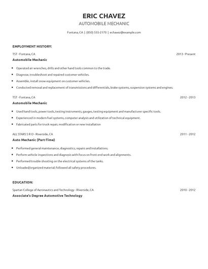 Automobile Mechanic Resume