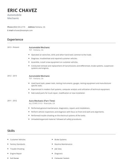 Automobile Mechanic Resume