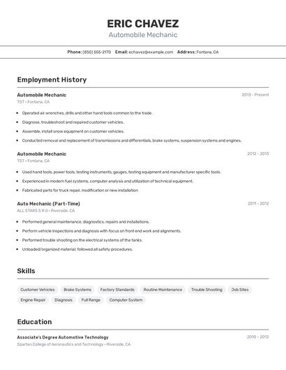 Automobile Mechanic Resume