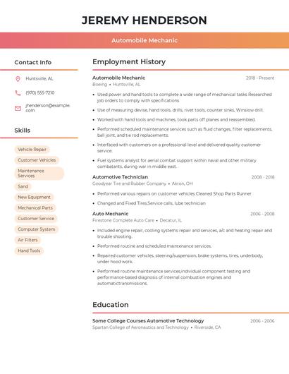 Automobile Mechanic Resume