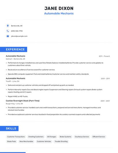 Automobile Mechanic Resume