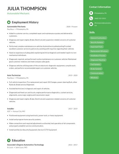 Automobile Mechanic Resume