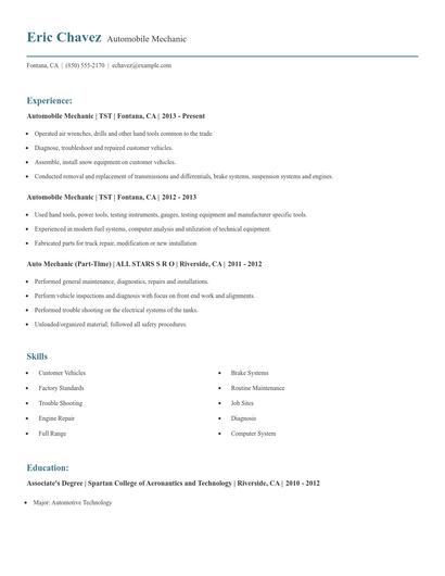 Automobile Mechanic Resume