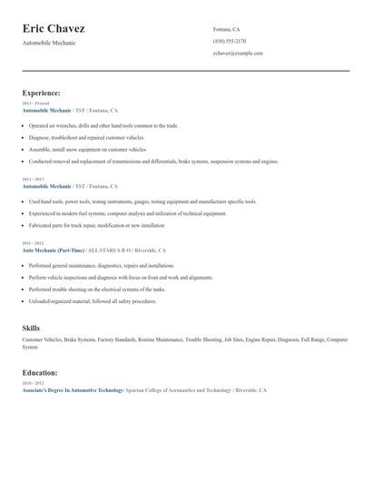 Automobile Mechanic Resume