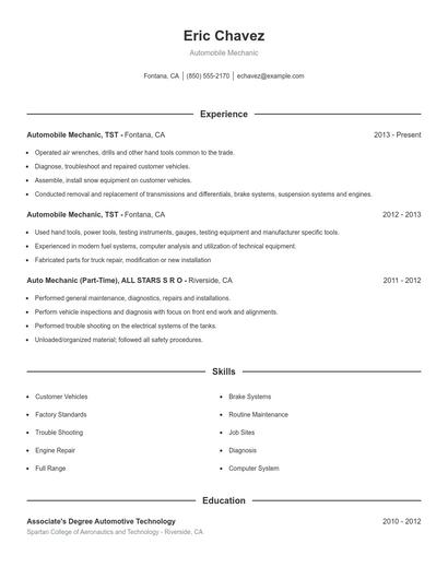 Automobile Mechanic Resume