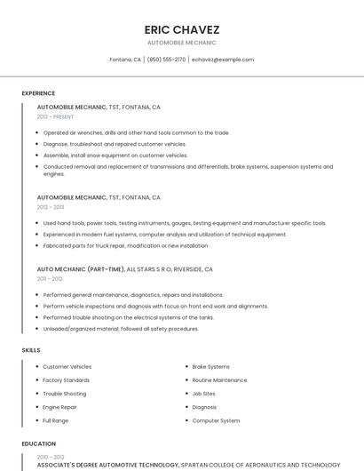 Automobile Mechanic Resume