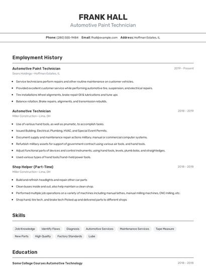 Automotive Paint Technician Resume
