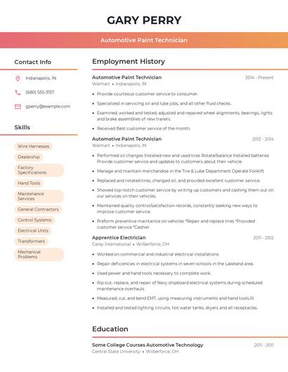 Automotive Paint Technician Resume