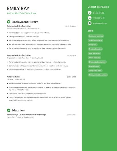 Automotive Paint Technician Resume
