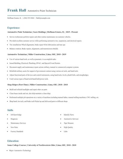 Automotive Paint Technician Resume