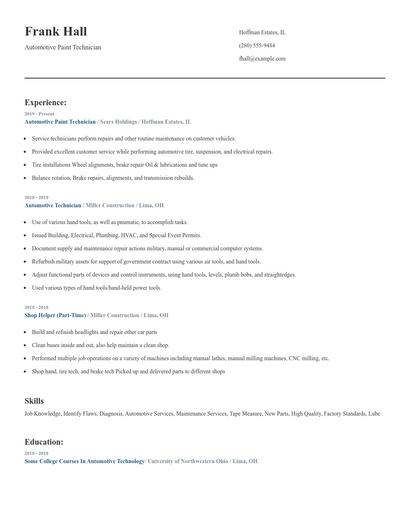 Automotive Paint Technician Resume