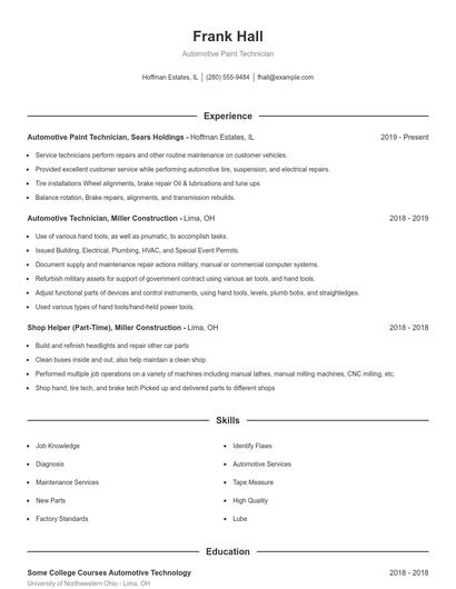 Automotive Paint Technician Resume