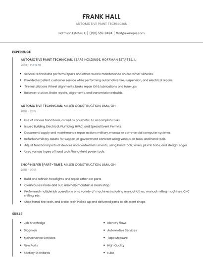Automotive Paint Technician Resume