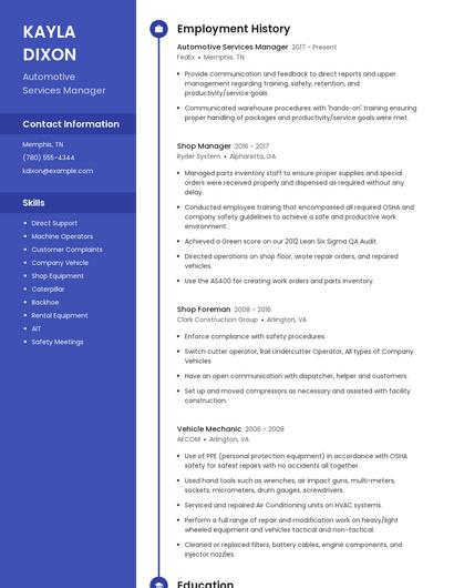 Automotive Services Manager Resume