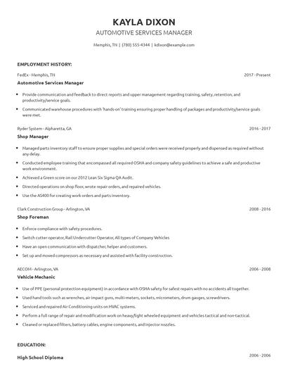 Automotive Services Manager Resume